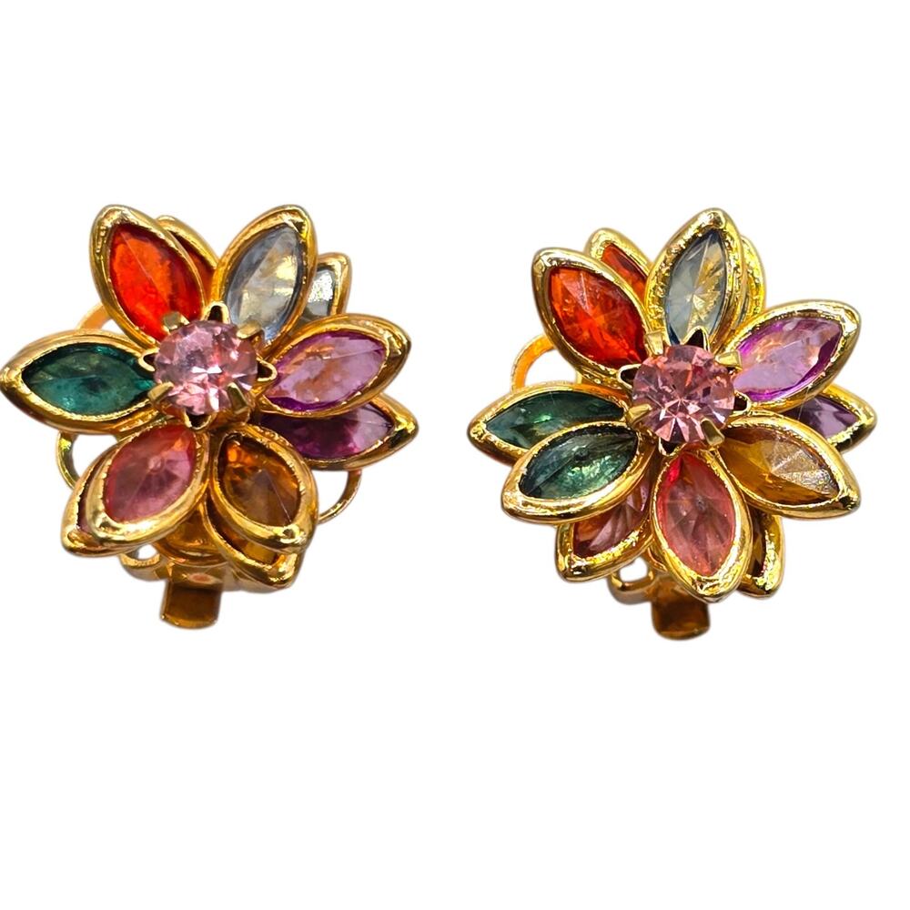 Earrings Vintage Lotus Blooming Glass Rhinestones Multicolor Small Clip On